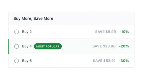 Bundle Discount Offer 1 snippet: “Buy More, Save More” with Buy 2, Buy 4 (most popular) and Buy 6 tiers