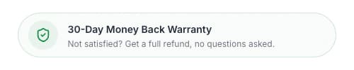 Trust element snippet: “30-Day Money Back Warranty” with a short explanation